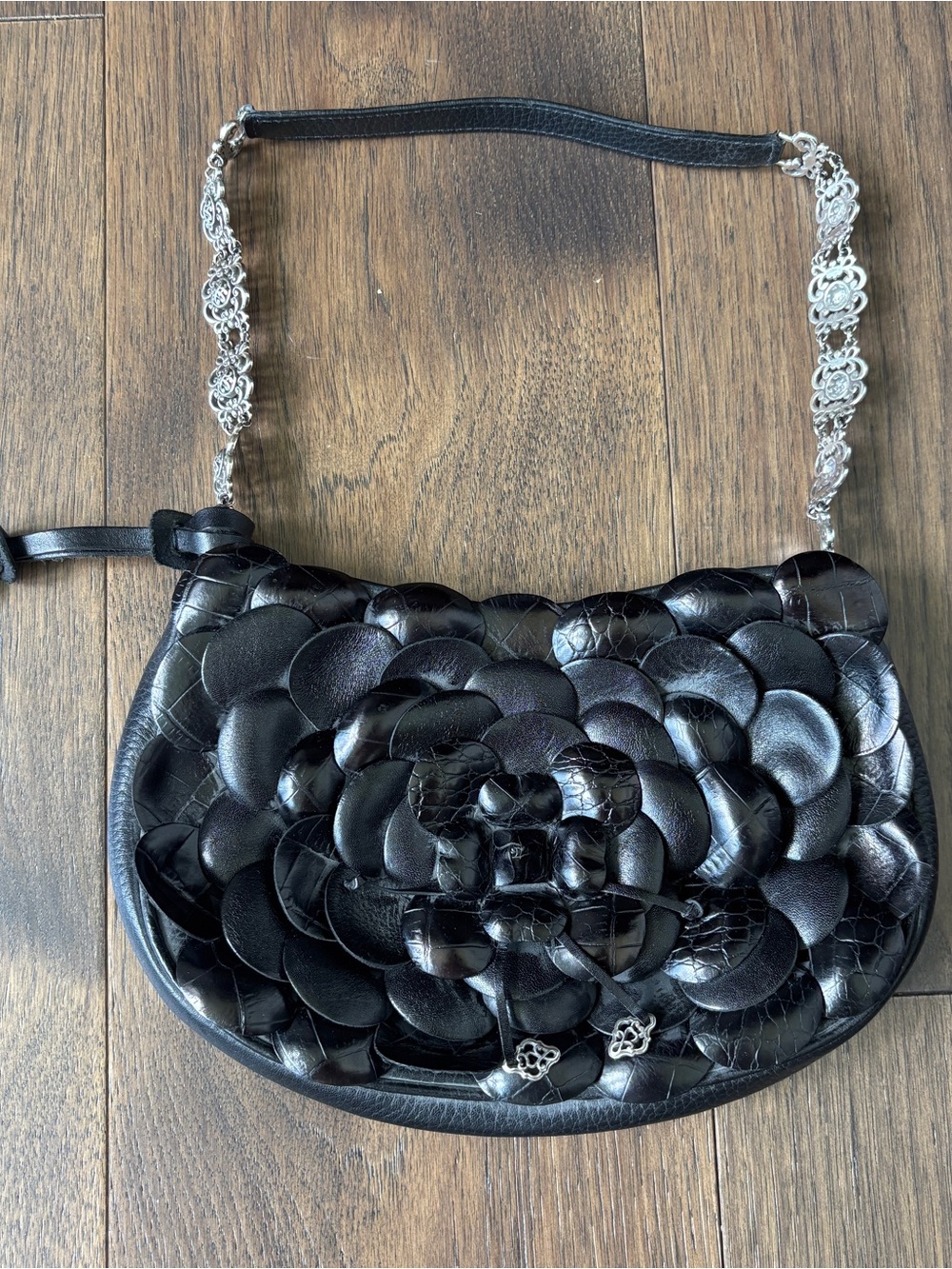 Vintage Y2K Brighton Leather Rosalie Small Shoulder Bag Flower Purse Black